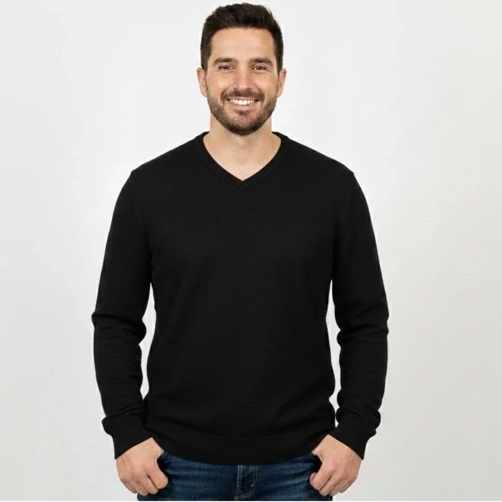 Lands End Mens XL V Neck Sweater Black 100 Supima Cotton Long Sleeve Soft Preppy